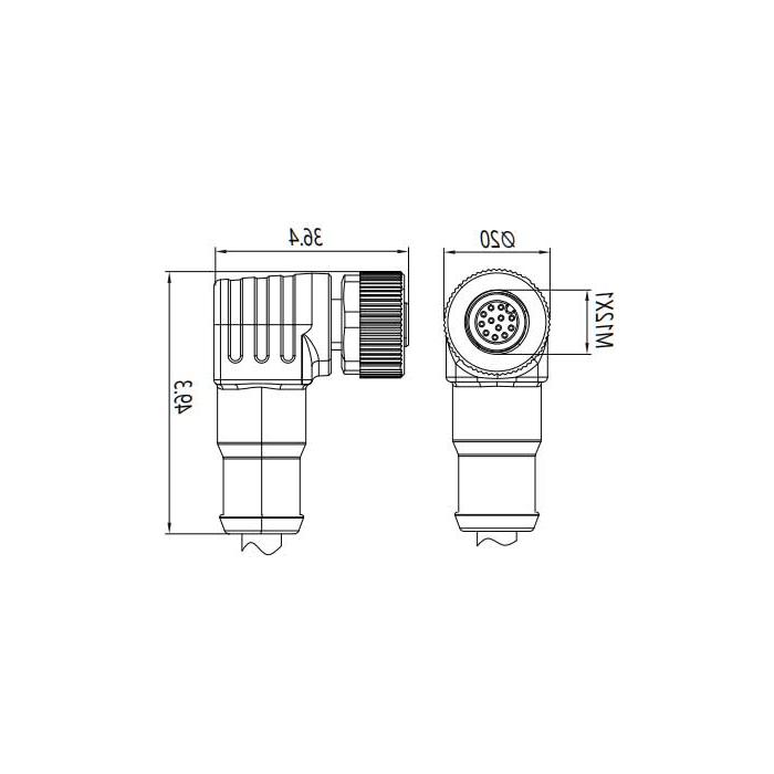 M12 12Pin, female 90°, single-end precast PVC non-flexible cable, gray sheathed, 64S483-XXX